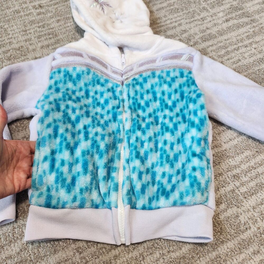 Disney Frozen Elsa Girl Blue White Fuzzy Fleece Zip Up Hoodie Jacket Size XS 4/5 - Picture 6 of 10